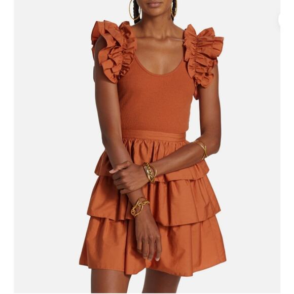 Ulla Johnson Dress Womens 14 Hanna Ruffle Mini Tiered Boho Summer Orange Chic - Picture 4 of 15
